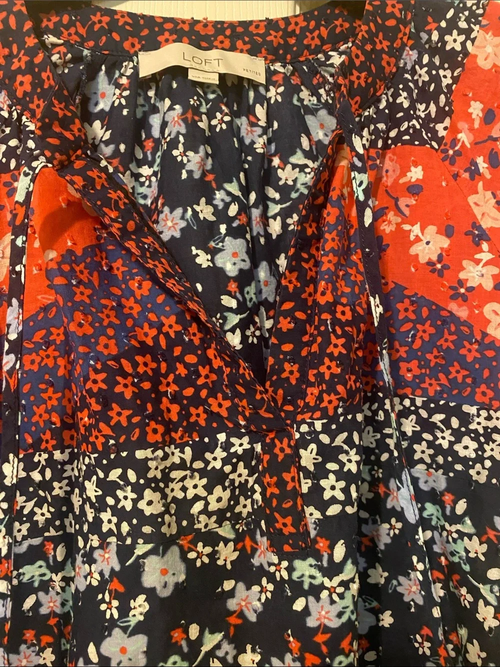 LOFT Navy and Red Patchwork Floral Blouse